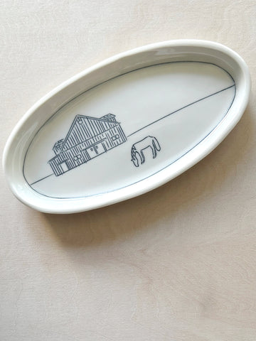 Ceramic Hand-Etched Equestrian Small Oval Dish